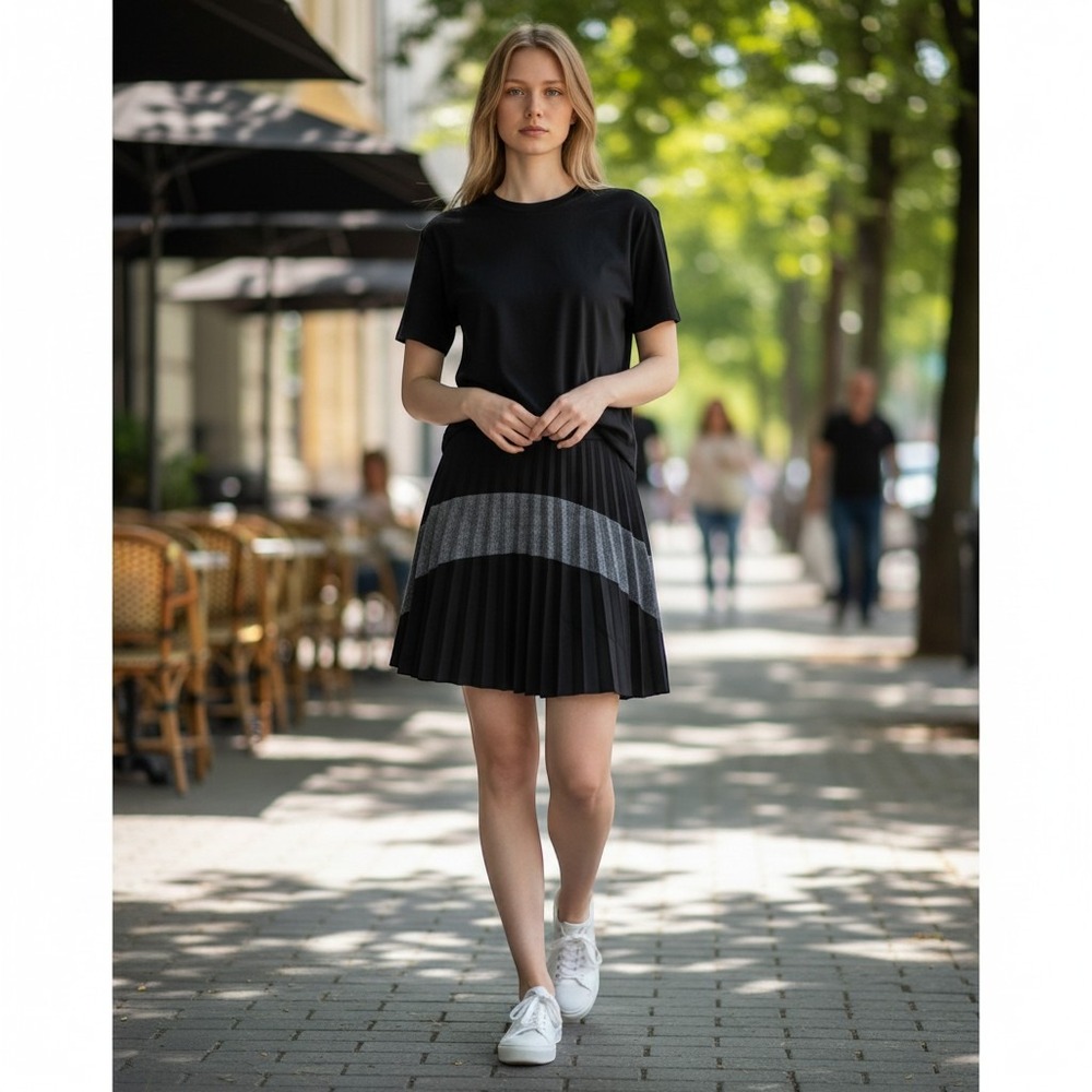 Lacoste Black Gray Pleated Mini Skirt Made in France‎ Size UK 4  US 2